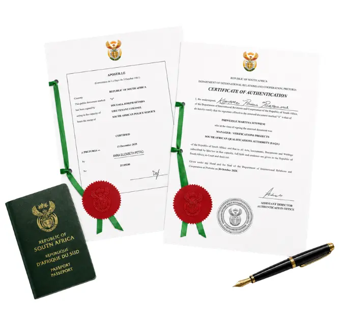 Example of DIRCO documents and a South African Passport